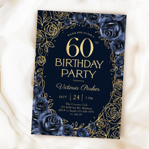 Convites Aniversário de 60 anos floral azul marinho dourado