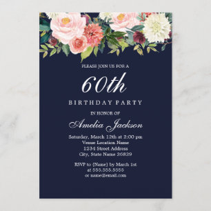 Convites Aniversário de 60 anos Floral Botânico Navy Peach