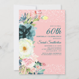 Convites Aniversário de 60 anos Floral Creme Rosa Teal