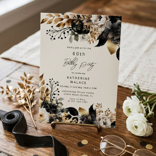 Convites Aniversário de 60 anos Floral Dourado Preto Aquare