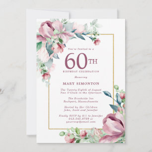 Convites Aniversário de 60 anos Floral Rosa Exquisita