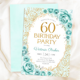Convites Aniversário de 60 anos Floral Turquesa Dourado