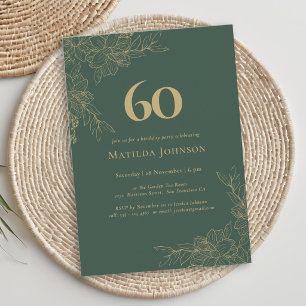 Convites Aniversário de 60 anos Floral Verde Elegante Doura