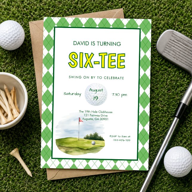 Convites Aniversário de 60 anos Funny Six-tee Golf  (Six-tee funny golf 60th birthday invitation)
