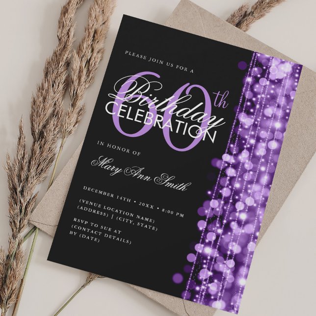 Convites Aniversário de 60 anos Glam Glamour Roxa  (Elegant 60th Birthday Glam Sparkles Purple Invitation)
