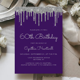 Convites Aniversário de 60 anos Glam Purple Silver Glitter