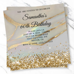 Convites Aniversário de 60 anos Glittery Gold Marbled Opal