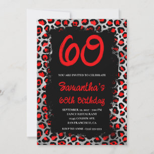 Convites Aniversário de 60 anos Leopardo Vermelho e Prata P