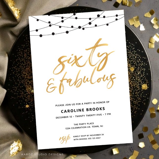 Convites Aniversário de 60 anos Ouro e Fabuloso (60th birthday Invitation shown in 5x7 in. flat card. Personalize it with the blue personalize button)