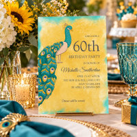 Aniversário de 60 anos Pavão Aquarela Azul-Verde A