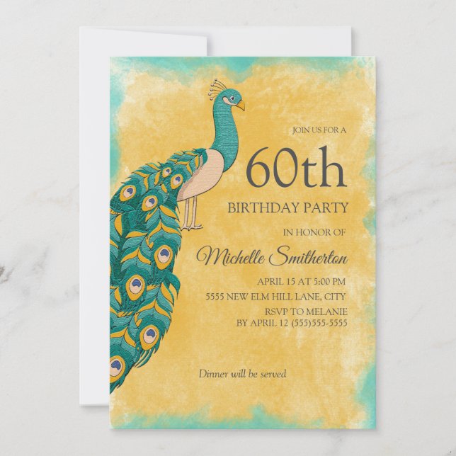 Convites Aniversário de 60 anos Pavão Aquarela Azul-Verde A (Frente)