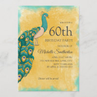 Aniversário de 60 anos Pavão Aquarela Azul-Verde A