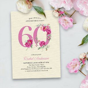 Convites Aniversário de 60 anos Peônia Rosa Número Floral 6