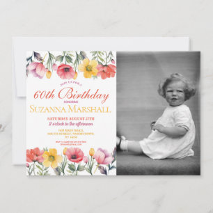 Convites Aniversário de 60 anos Poppy Primavera Floral Foto