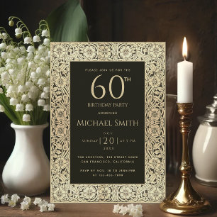 Convites Aniversário de 60 anos Preto Dourado Flores Elegan