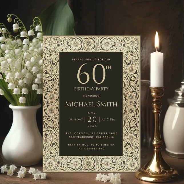 Convites Aniversário de 60 anos Preto Dourado Flores Elegan (Criador carregado)