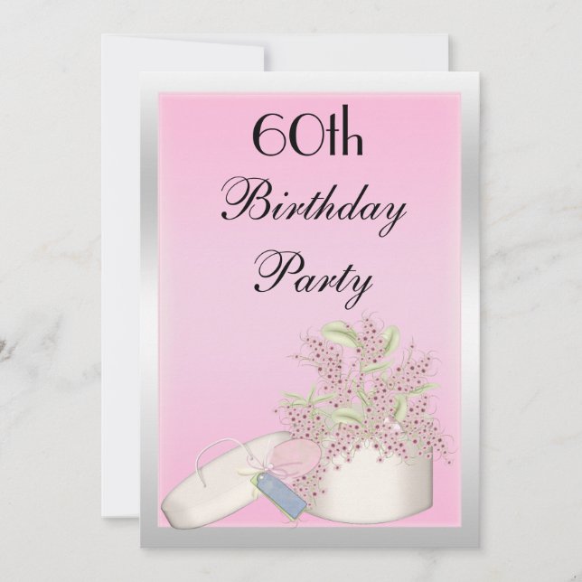 Convites Aniversário de 60 anos Rosa Floral & Prata (Frente)