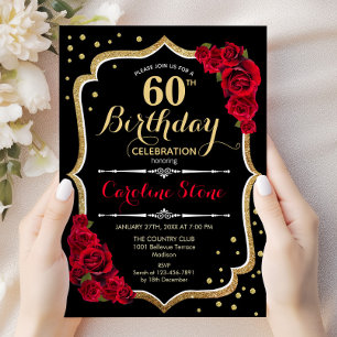 Convites Aniversário de 60 anos - Rosas Pretas Douradas
