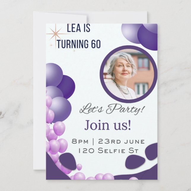 Convites Aniversário de 60 anos Roxo (Frente)