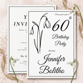 Convites Aniversário de 60 anos Snowdrop Floral Preto e Bra
