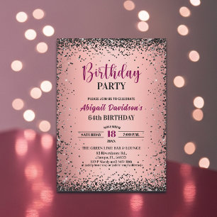 Convites Aniversário de 64 anos Preto Glitter Metálico Rosa