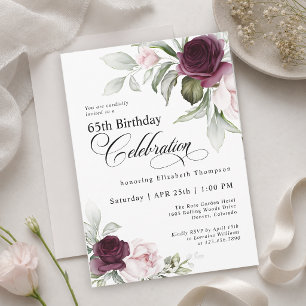 Convites Aniversário de 65 anos Elegante Floral Burgundy Be