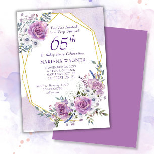 Convites Aniversário de 65 anos em Floral Roxo Aquarela Ele