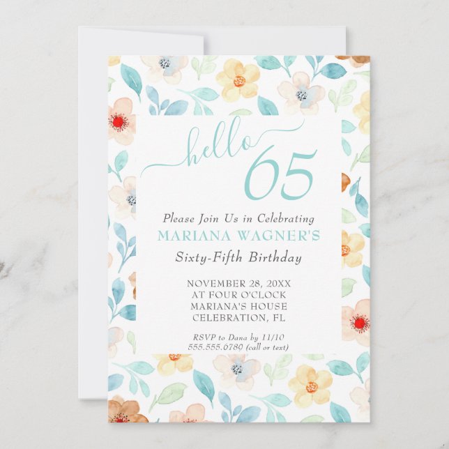 Convites Aniversário de 65 anos em Script Elegante Floral A (Frente)