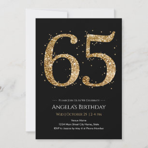 Convites Aniversário de 65 anos Glitter dourado preto
