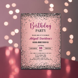 Convites Aniversário de 65 anos Preto Glitter Metálico Rosa