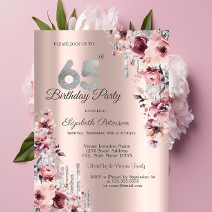 Convites Aniversário de 65 anos Rosa Dourado Floral com Got