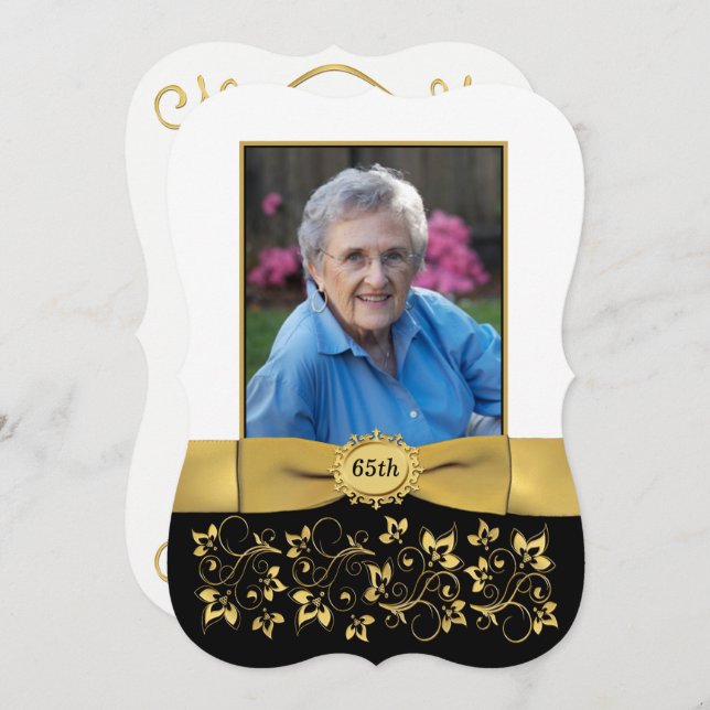 Convites Aniversário de 65 Foto, Preto, Branco, Dourado Con (Frente/Verso)