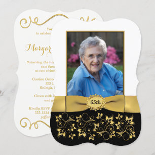 Convites Aniversário de 65 Foto, Preto, Branco, Dourado Con