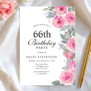 Convites Aniversário de 66 anos Floral Chic Rosa Feminino e