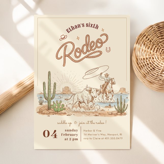Convites Aniversário de 6 anos Cowboy Rodeo Gingham Rústico (Criador carregado)