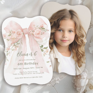 Convites Aniversário de 6 anos da menina Laço floral rosa e