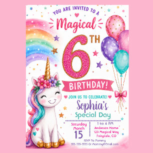 Convites Aniversário de 6 anos da Menina Unicórnio Mágica