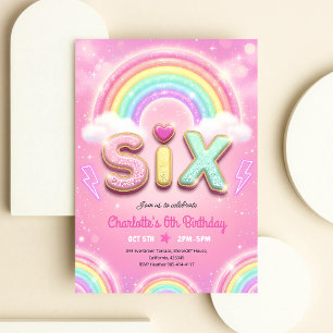 Convites Aniversário de 6 anos Pastel Pink Rainbow Sparkle