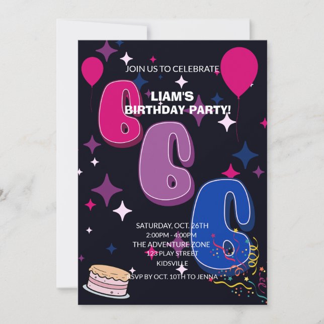 Convites Aniversário de 6 anos Vibrante | Confetes Rosa Azu (Frente)