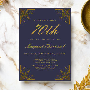 Convites Aniversário de 70 anos Azul Naval Vintage Dourado