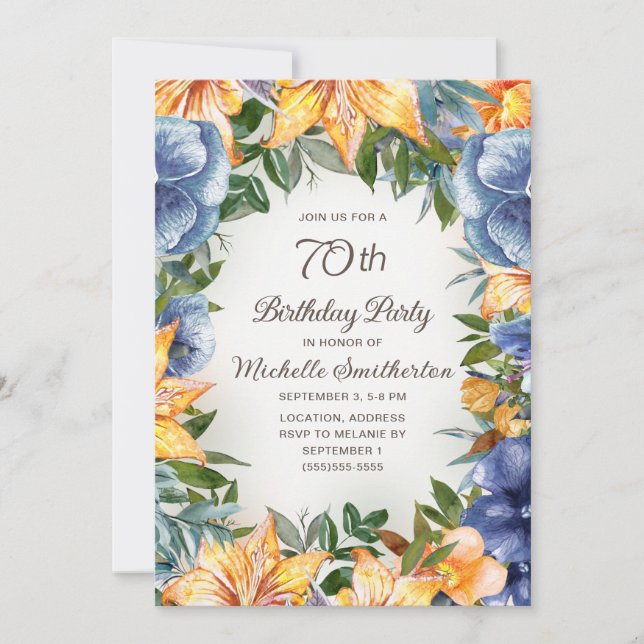 Convites Aniversário de 70 anos Blue Orange Floral (Frente)