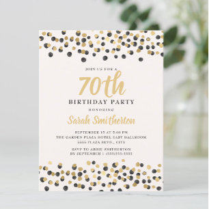 Convites Aniversário de 70 anos Branco Preto Dourado Confet
