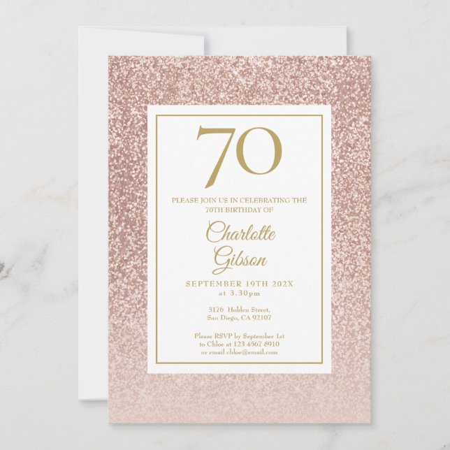 Convites Aniversário de 70 anos Brilho Dourado Rosa Elegant (Frente)