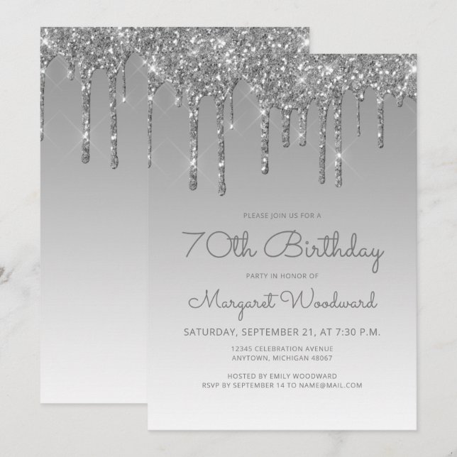 Convites Aniversário de 70 anos Chic Glitter Drip Prata (Frente/Verso)