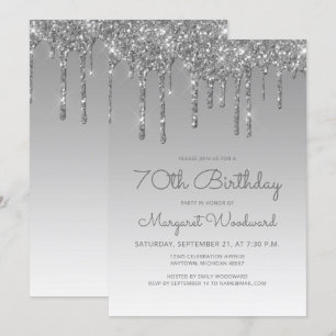 Convites Aniversário de 70 anos Chic Glitter Drip Prata