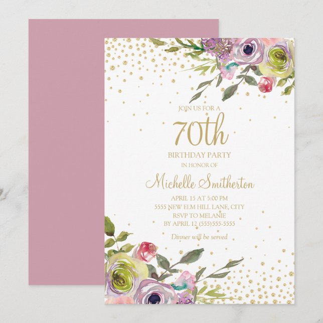 Convites Aniversário de 70 anos com Flores Rosa Amarelo e B (Frente/Verso)