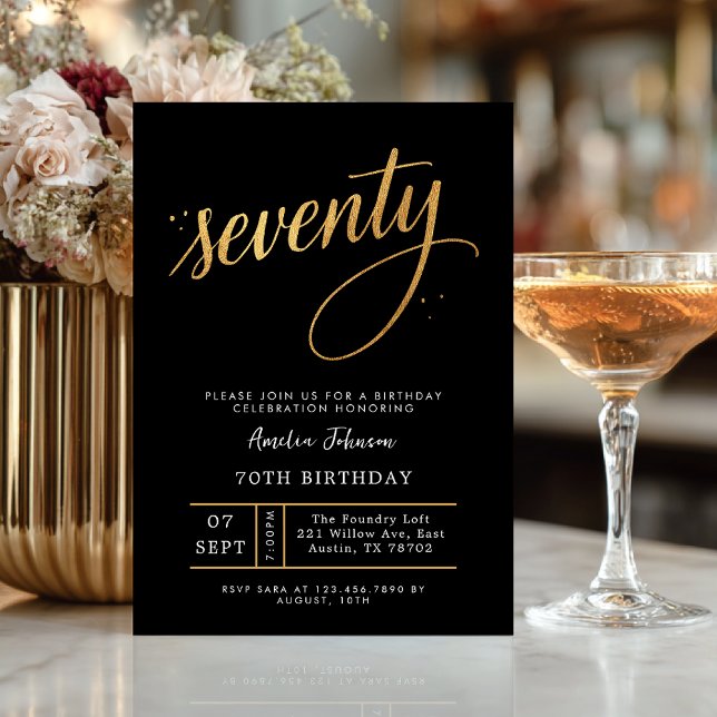 Convites Aniversário de 70 anos com Grafia Preta e Dourada  (Celebrate seventy in timeless style with this elegant black and gold invitation.)