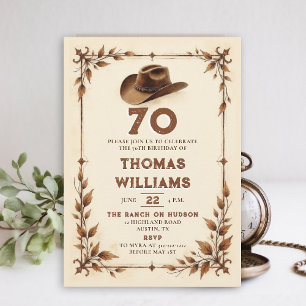 Convites Aniversário de 70 anos Cowboy Western Rústico Vint