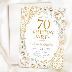 Convites Aniversário de 70 anos Creme Dourado Floral Femini