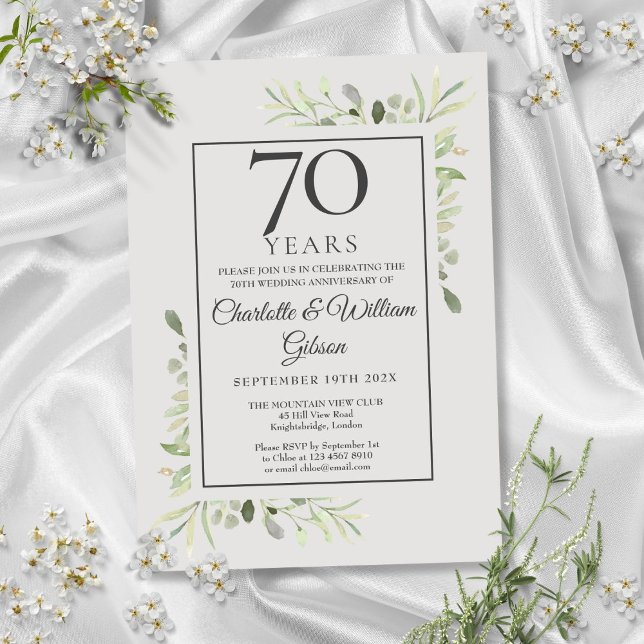 Convites Aniversário de 70 Anos de Casamento Aquarela Folha (70th Wedding Anniversary Watercolour Greenery Invitation)